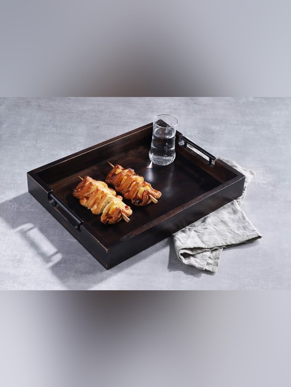 Ottoman Tray, Acacia Wood Serving Tray with Metal Handles, 16.5x12.5in Food Drin